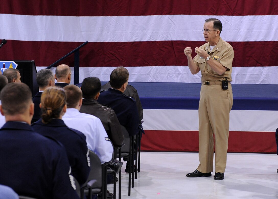 LANGLEY AIR FORCE BASE, Va. -- Adm. Michael Mullen, chairman of the Joint Chiefs of Staff speaks during a visit here Dec. 8. Admiral Mullen held an "All Hands" call to meet Airmen and answer their questions. (U.S. Air Force photo/Airman 1st Class Jonathan Koob)