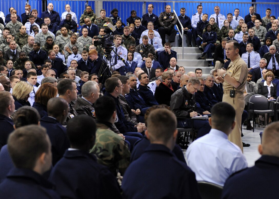 LANGLEY AIR FORCE BASE, Va. -- Adm. Michael Mullen, chairman of the Joint Chiefs of Staff speaks during a visit here Dec. 8. Admiral Mullen held an "All Hands" call to meet Airmen and answer their questions. (U.S. Air Force photo/Airman 1st Class Jonathan Koob)
