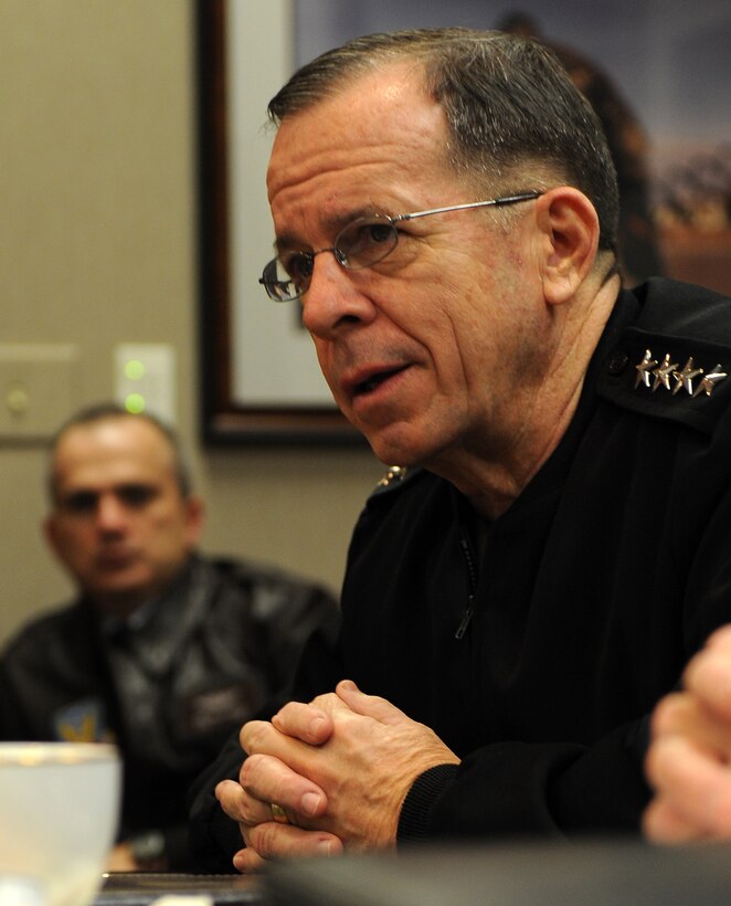 LANGLEY AIR FORCE BASE, Va. -- Adm. Michael Mullen, chairman of Joint Chiefs of Staff, speaks during a briefing held in the conference room in the Air Combat Control headquarters building Dec. 8.  Admiral Mullen visited Langley for a briefing, a tour of the 480th Intelligence Squadron, and an "All Hands" call where the Airmen could ask the chairman questions.  (U.S. Air Force photo/Airman 1st Class Zachary Wolf)
