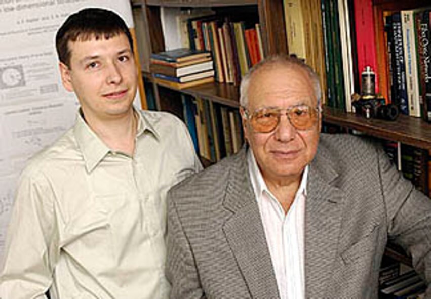 A celebrated electrical and computer engineering professor at Johns Hopkins University is conducting AFOSR-supported research about the “miniaturization” of electronic chips, which would allow for lighter, smaller and faster computers for the Air Force. Dr. Alexander Kaplan, right, professor of electrical and computer engineering and  Dr. Sergei Volkov, a postdoctoral fellow at John’s Hopkins University are working together on the research. (Photo Credit: Will Kirk, Johns Hopkins University)