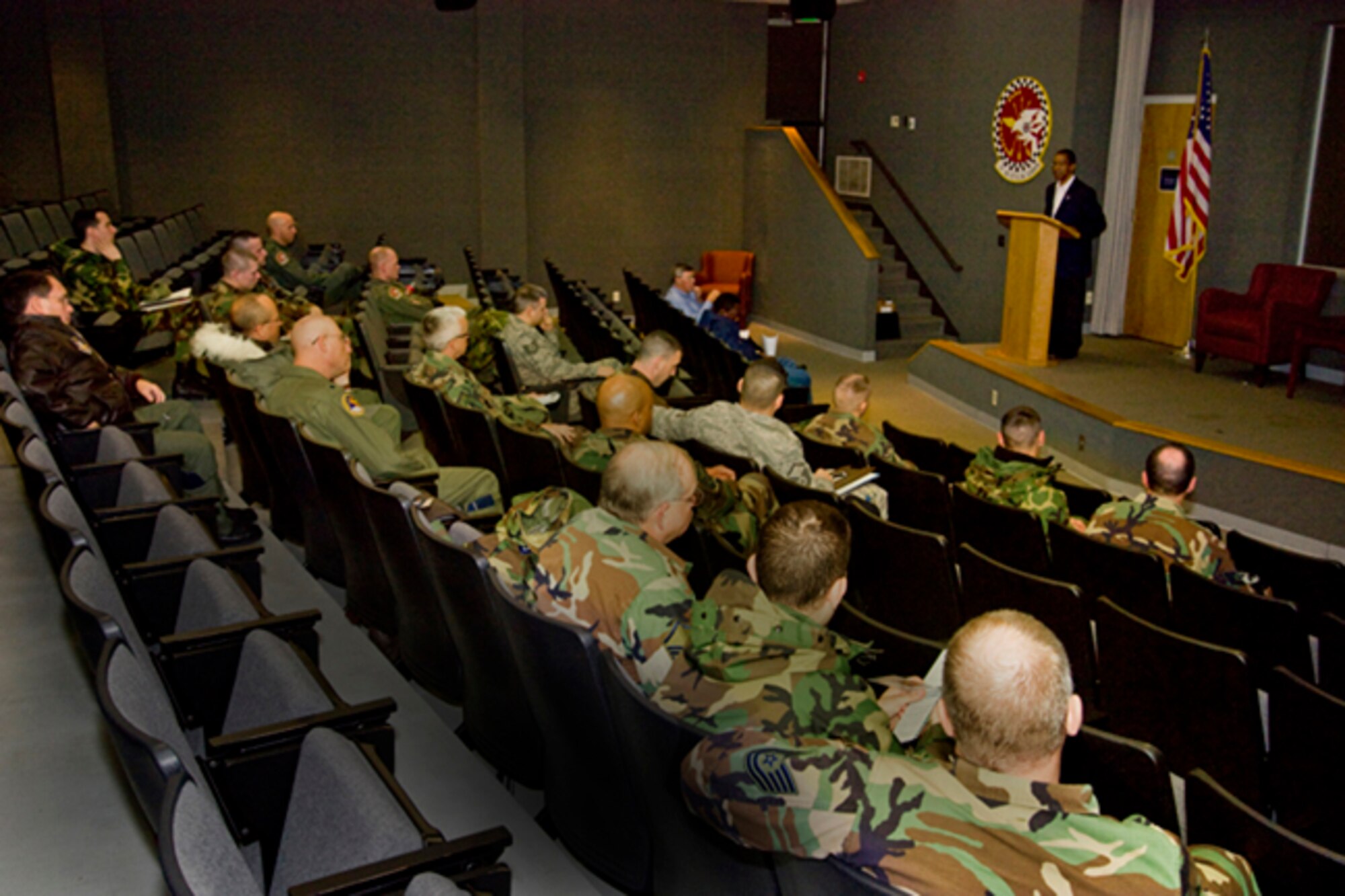 GRISSOM AIR RESERVE BASE, Ind., -- Gary Tyler, Director of the Veteran's Employment and Training Service for Indiana, speaks to a group of interested personnel about the rights associated with veterans of the Armed Services.  Mr. Tyler was one of three speakers at a USERRA briefing (Uniformed Services Employment and Re-employment Rights Act).  The briefing was given during a recent Unit Training Assembly.  (U.S. Air Force photo/Tech. Sgt. Patrick Kuminecz)