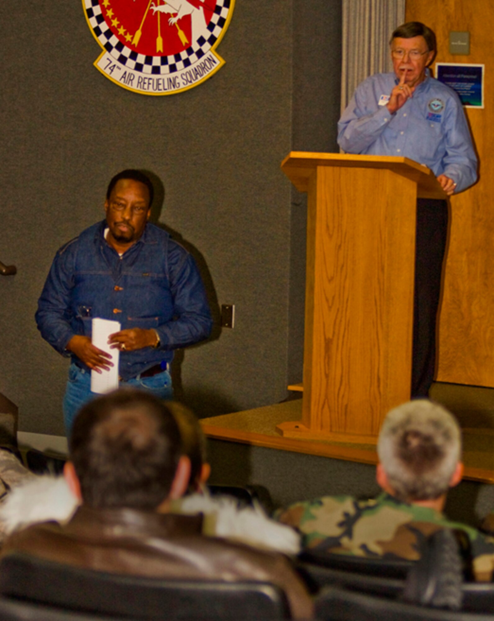 GRISSOM AIR RESERVE BASE, Ind., -- George Patrick (left) of the US Department of Labor's Veterans Employment and Training Services office, along with David Shearer, Ombudsman for the Indiana Committee for Employer Support of the Guard and Reserve, speak to a group of interested Grissom personnel about veteran's re-employment rights.  They were two of the speakers at the base USERRA briefing (Uniformed Services Employment and Re-employment Rights Act) held at a recent Unit Training Assembly.  (U.S. Air Force photo/Tech. Sgt. Patrick Kuminecz)