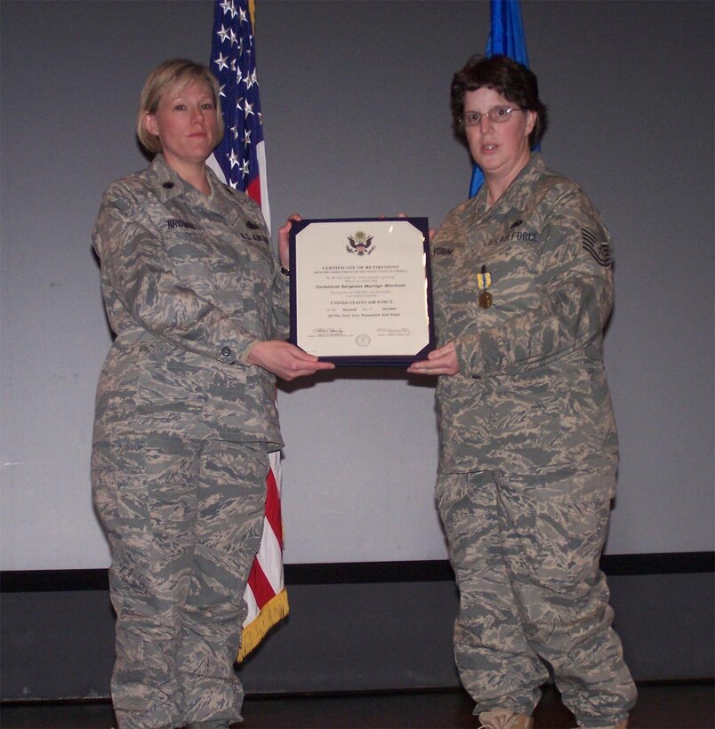 SEYMOUR JOHNSON AIR FORCE BASE, N.C. -- Tech. Sgt. Marilyn Mitchum (right), a Reservist with the 916th Logistics Readiness Squadron,  receives her retirement certificate from Lt. Col. Ann Brown, commander. Tech. Sgt. Mitchum served as the operations assistant and information manager for the squadron and had more than 26 years of military service.