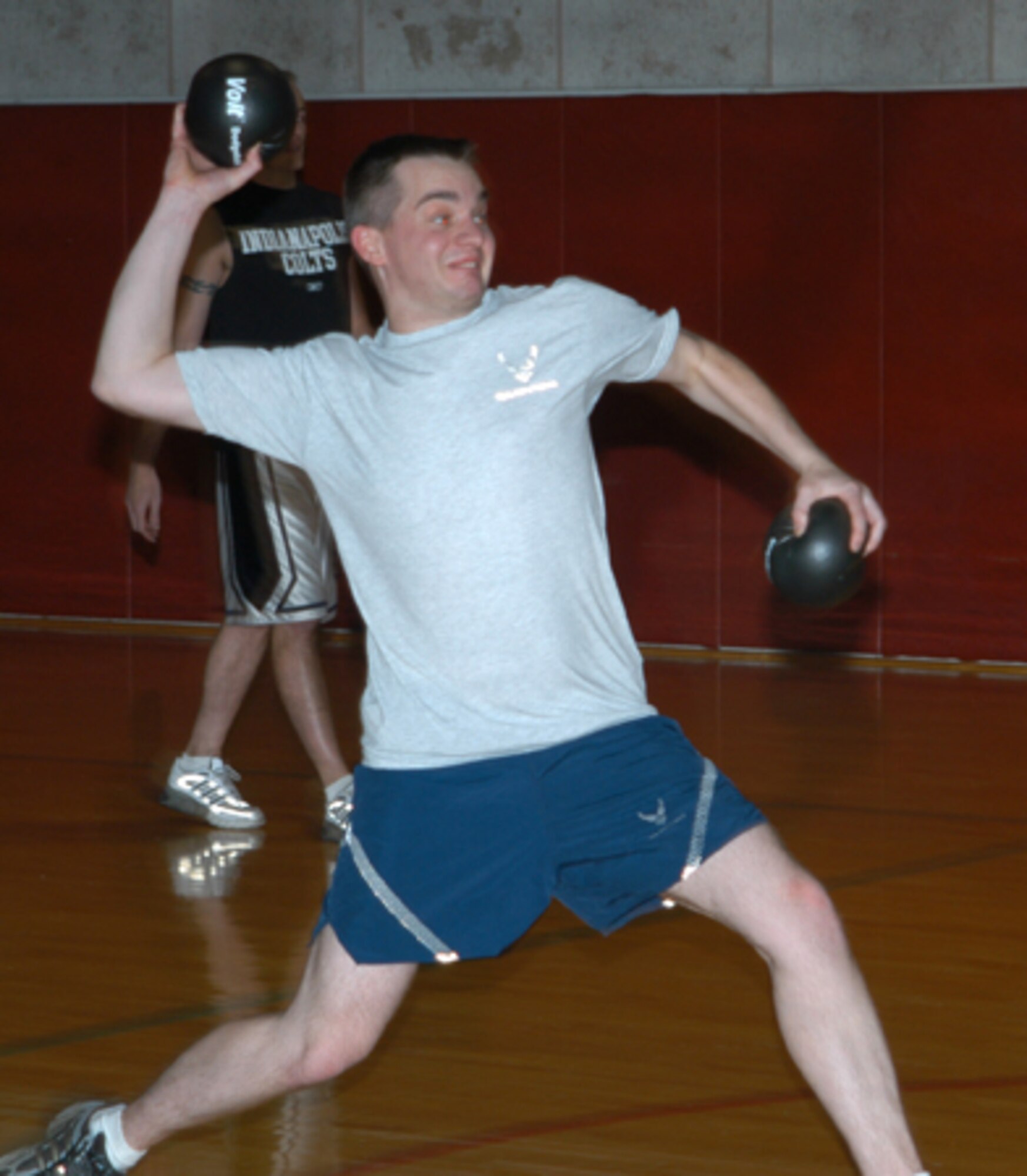 GRISSOM AIR RESERVE BASE, Ind., -- A member of the 434th Air Refueling Wing is ready to "let one fly" during the recent dodge ball tournament held at the base fitness center.  Grissom sponsors numerous special activities after normal work hours to enhance fitness and esprit de corps among its members.  (U.S. Air Force photo/Staff Sgt. Ben Mota)                                