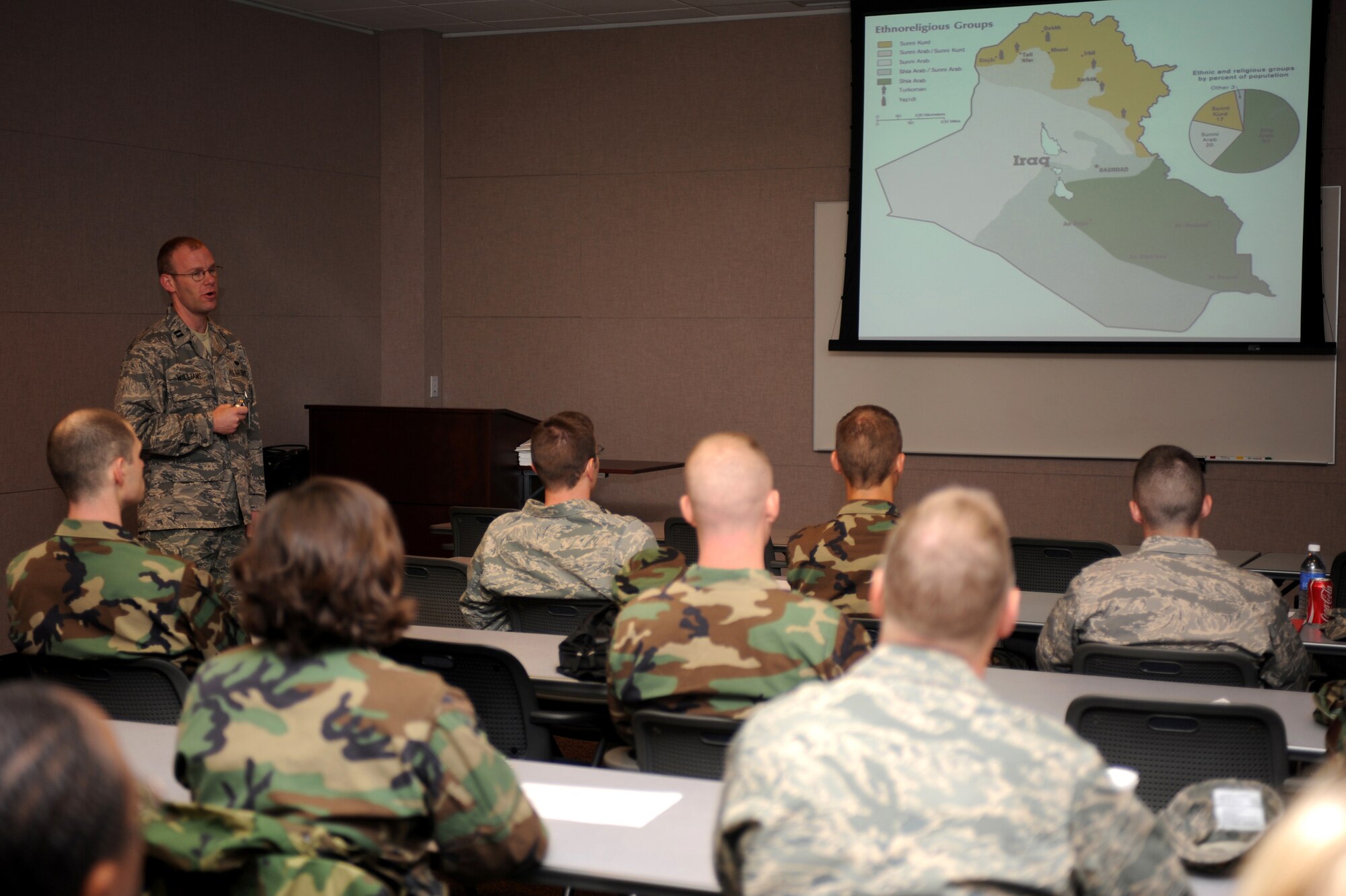 Capt. Dylan Williams trains students on the Legal landscape of Iraq, Oct. 22, 2008, during the Judge Advocate Functional Advanced Contingency Skills Training Course in the U.S. Air Force Expeditionary Center on Fort Dix, N.J. The functional-specific training focuses on operations law instruction, contingency skills basics, rules of engagement on the use of force and expeditionary basics taught by the Expeditionary Center's JA staff.  The training is held for four days prior to the students attending the Advanced Contingency Skills Training Course taught by the Center?s 421st Combat Training Squadron, also on Fort Dix.  Captain Williams is assigned to the Air Force Academy in Colorado. (U.S. Air Force Photo/Staff Sgt. Nathan Bevier)