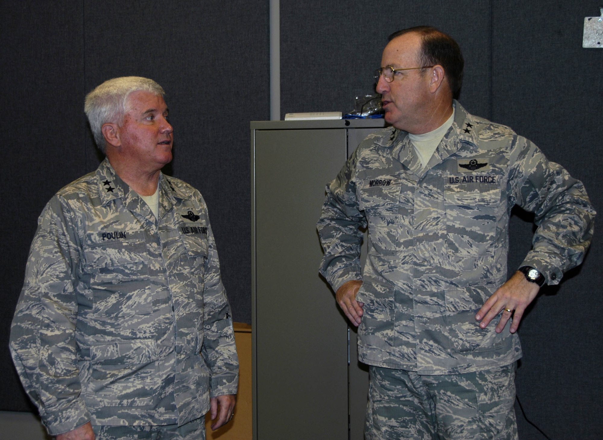 TYNDALL AIR FORCE BASE, Fla. - Maj. Gen. Allen Poulin, Air Force Reserve Command vice commander, and Maj. Gen. Hank Morrow, AFNORTH commander, discuss the commands’ roles and responsibilities during Gen. Poulin's visit with AFNORTH leadership Nov. 21.