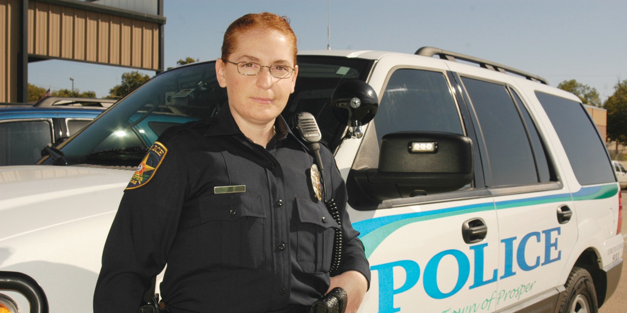 Tech. Sgt. Erin Hubbard, a Reservist assigned to the 931st Air Refueling Group, recently became the first female officer hired by the police department in Prosper, Texas, a town just north of Dallas. Sergeant Hubbard is also an electrical systems technician assigned to the 931st Civil Engineer Squadron at McConnell Air Force Base, Kan. (Courtesy photo)