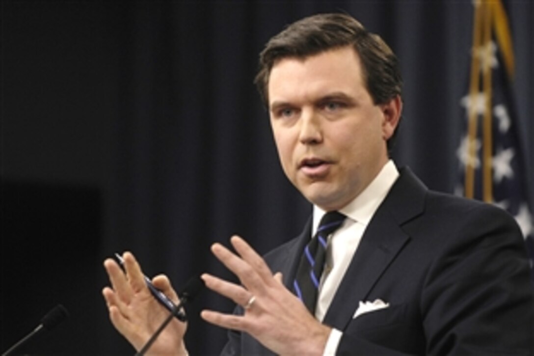 Pentagon Press Secretary Geoff Morrell answers a question from a reporter during a press briefing at the Pentagon, Dec. 9, 2008.