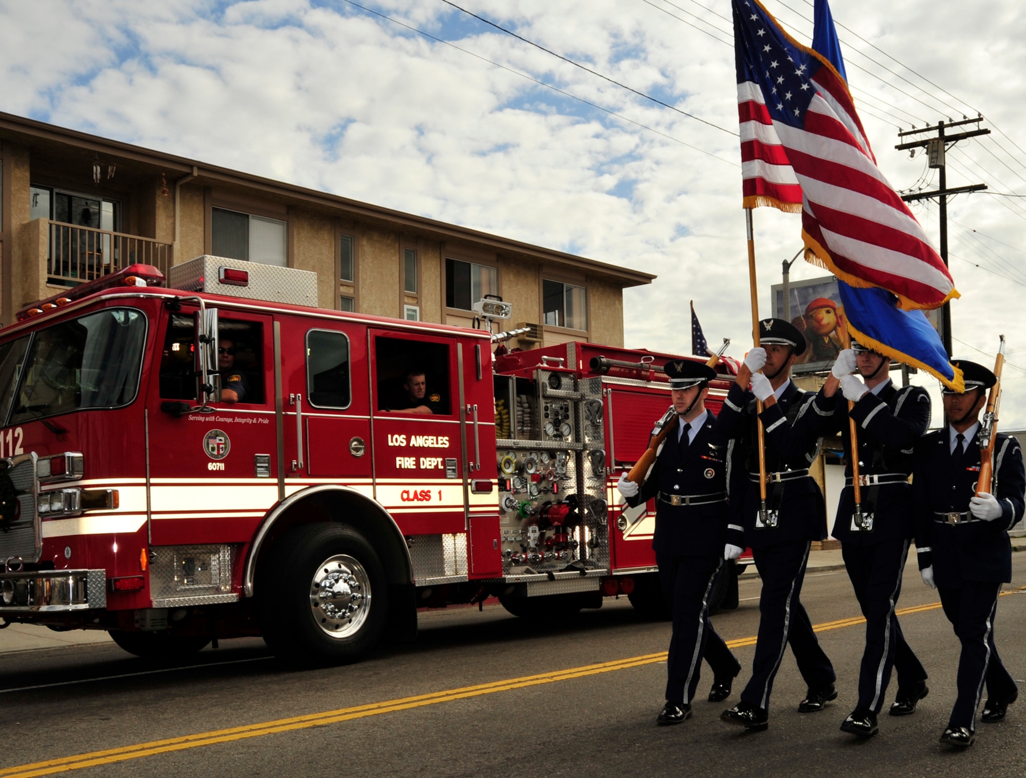An LAAFB Honor Guard marched in the annual San Pedro Holiday parade, which included local dignitaries, marching bands and community groups. (Photo by Lou Hernadez)