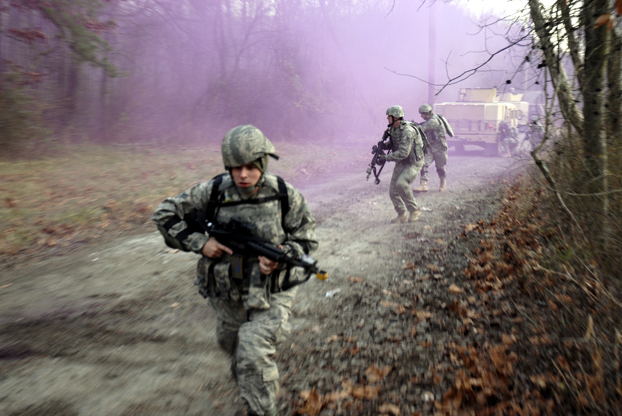 Students in the Air Force Phoenix Warrior Training Course respond to "enemy action" during mounted and dismounted patrol (convoy) training on a Fort Dix, N.J., range Dec. 5, 2008.  The course, taught by the U.S. Air Force Expeditionary Center's 421st Combat Training Squadron, prepares Air Force security forces for upcoming deployments.  (U.S. Air Force Photo/Staff Sgt. Paul R. Evans)