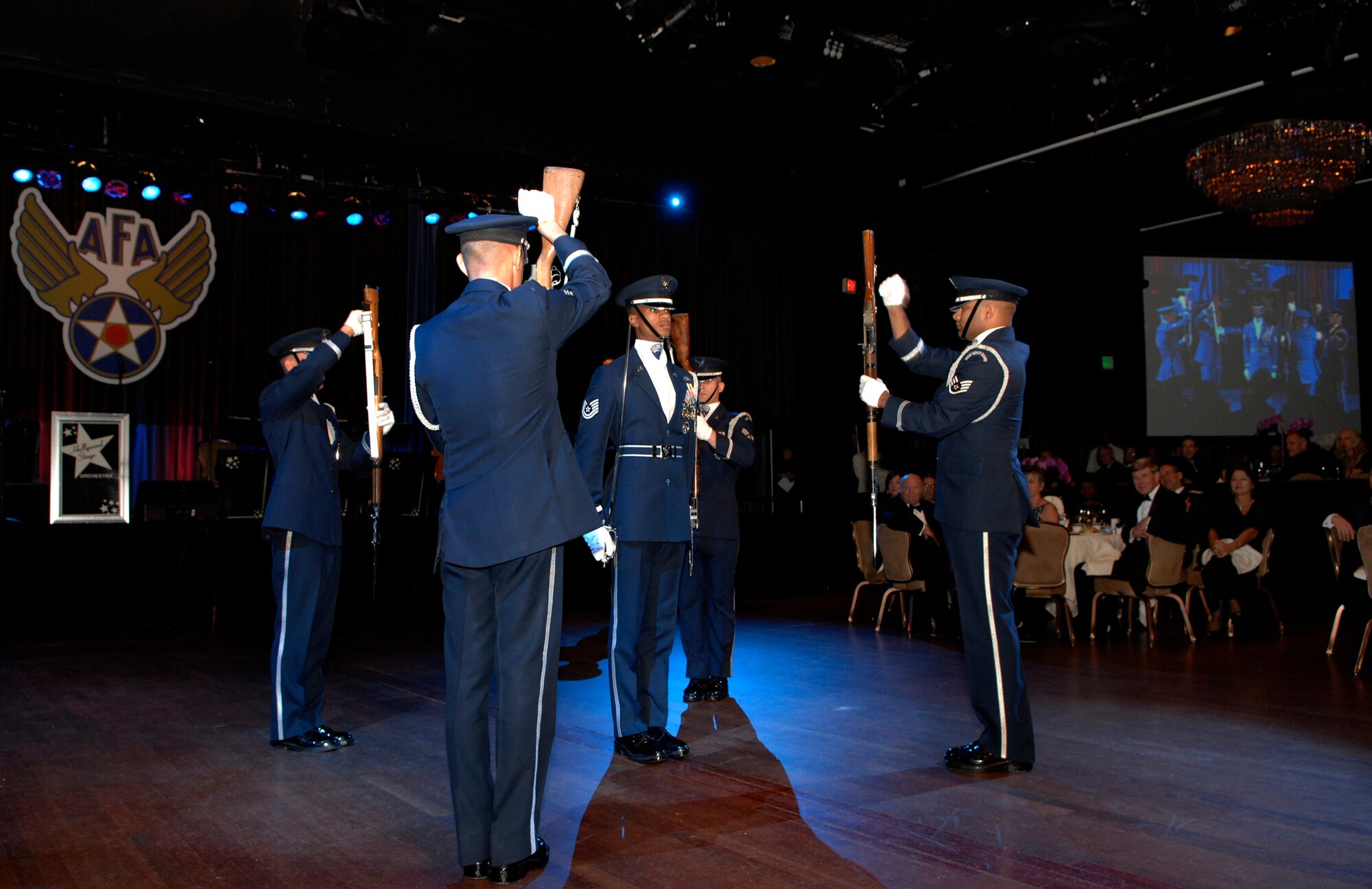 Members of the U.S. Air Force Honor Guard Drill Team perform Nov. 21 at the Beverly Hills Hilton for the Air Force Association Ball in Beverley Hills, Cailf. The Drill Team performed at the AFA ball as part of a 23-day temporary duty that started at McChord Air Force Base, Wash. and ended during Los Angeles’s Air Force Week. (U.S. Air Force photo by Senior Airmen Tim Chacon)