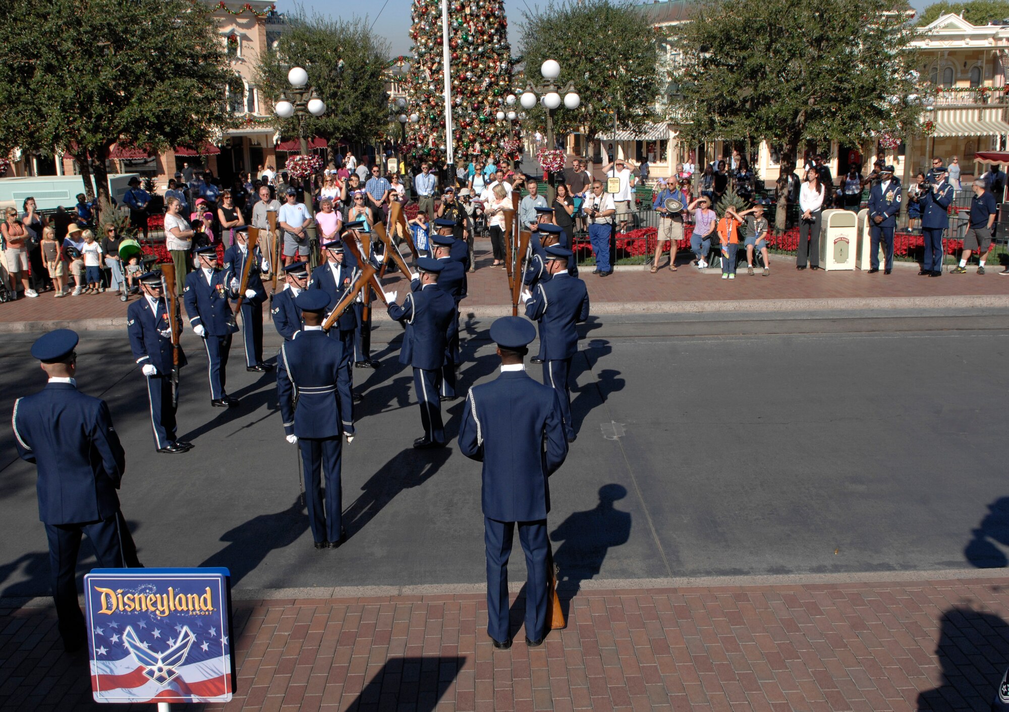 The United States Air Force Honor Guard Drill Team performs Nov. 17 at Disneyland in Anaheim, Cailf. The Drill Team performed at Disneyland as part of a 23-day temporary duty that started at McChord Air Force Base, Wash. and ended during Los Angeles’s Air Force Week. (U.S. Air Force photo by Senior Airmen Tim Chacon)