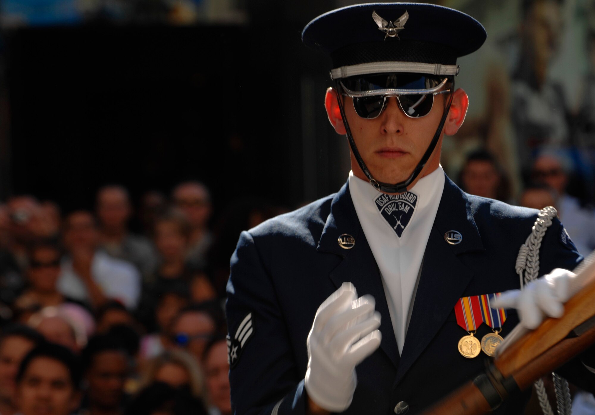 Senior Airman James Floyd, United States Air Force Honor Guard Drill Team, performs Nov. 14 at the Hollywood and Highland Plaza in Hollywood, Cailf. The Drill Team performed at the Plaza as part of a 23-day temporary duty that started at McChord Air Force Base , Wash. and ended in Los Angeles, Calif., during Los Angeles’s Air Force Week. (U.S. Air Force photo by Senior Airmen Tim Chacon)  