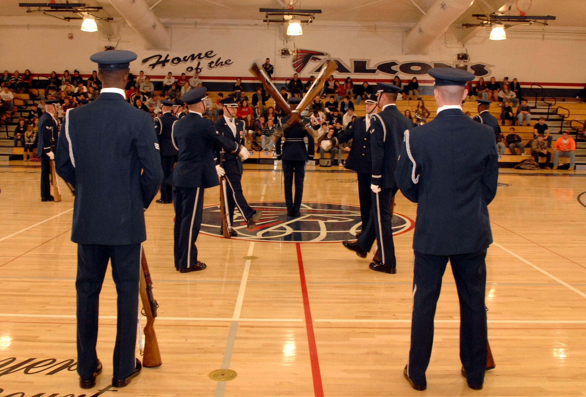 The United States Air Force Honor Guard Drill Team performs Nov. 6 at Central Valley High School in Redding, Cailf. The Drill Team performed at Central Valley as part of a 23-day temporary duty that started at McChord Air Force Base, Wash. and ended during Los Angeles’s Air Force Week. (U.S. Air Force photo by Senior Airmen Tim Chacon) 