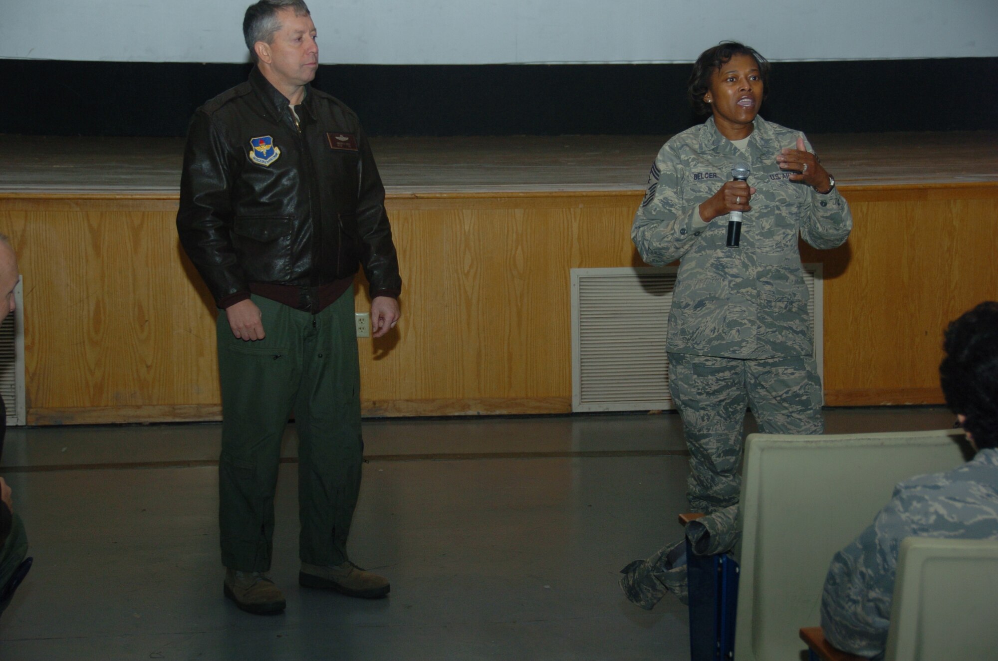 ALTUS AIR FORCE BASE, Okla. -- Chief Master Sgt. Bernice Belcer, 19th Air Force command chief master sergeant, addresses audience questions during Commander’s Call. (U.S. Air Force photo/Airman 1st Class Tiffany M. Deuel)