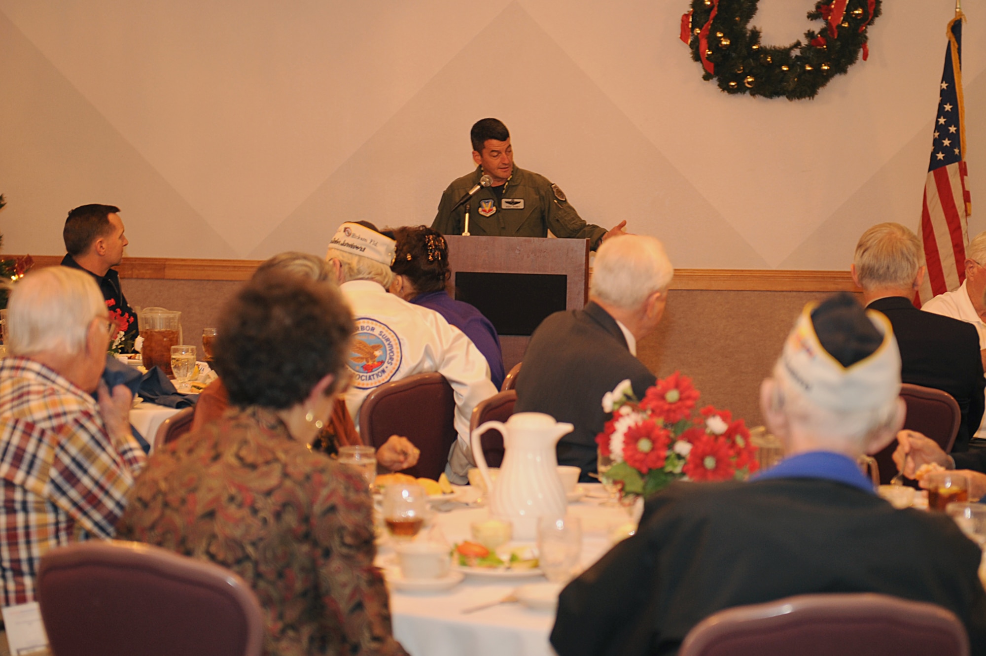 Brig. Gen. Russell Handy addresses guests at the Pearl Harbor luncheon on Nellis Air Force Base, Nev., Dec. 5, 2008. The luncheon is held annually to honor veterans and to remember those that were lost 67 years ago.
(U.S. Air Force Photo / Airman 1st Class Stephanie Rubi)
