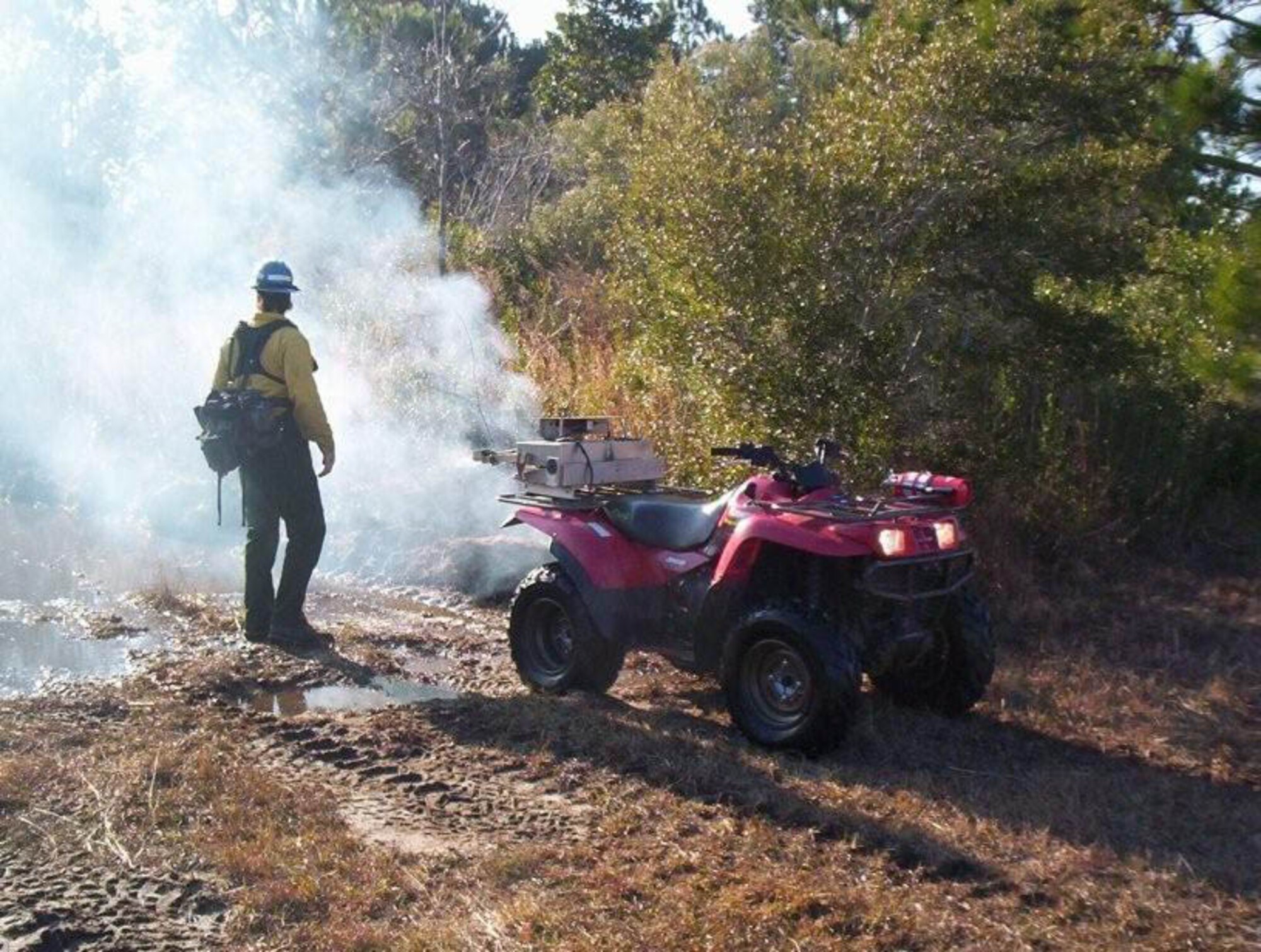 One of Eglin's Jackson Guard Fire Management team watches as a prescribed burn begins on Eglin Reservation. (USAF photo)
