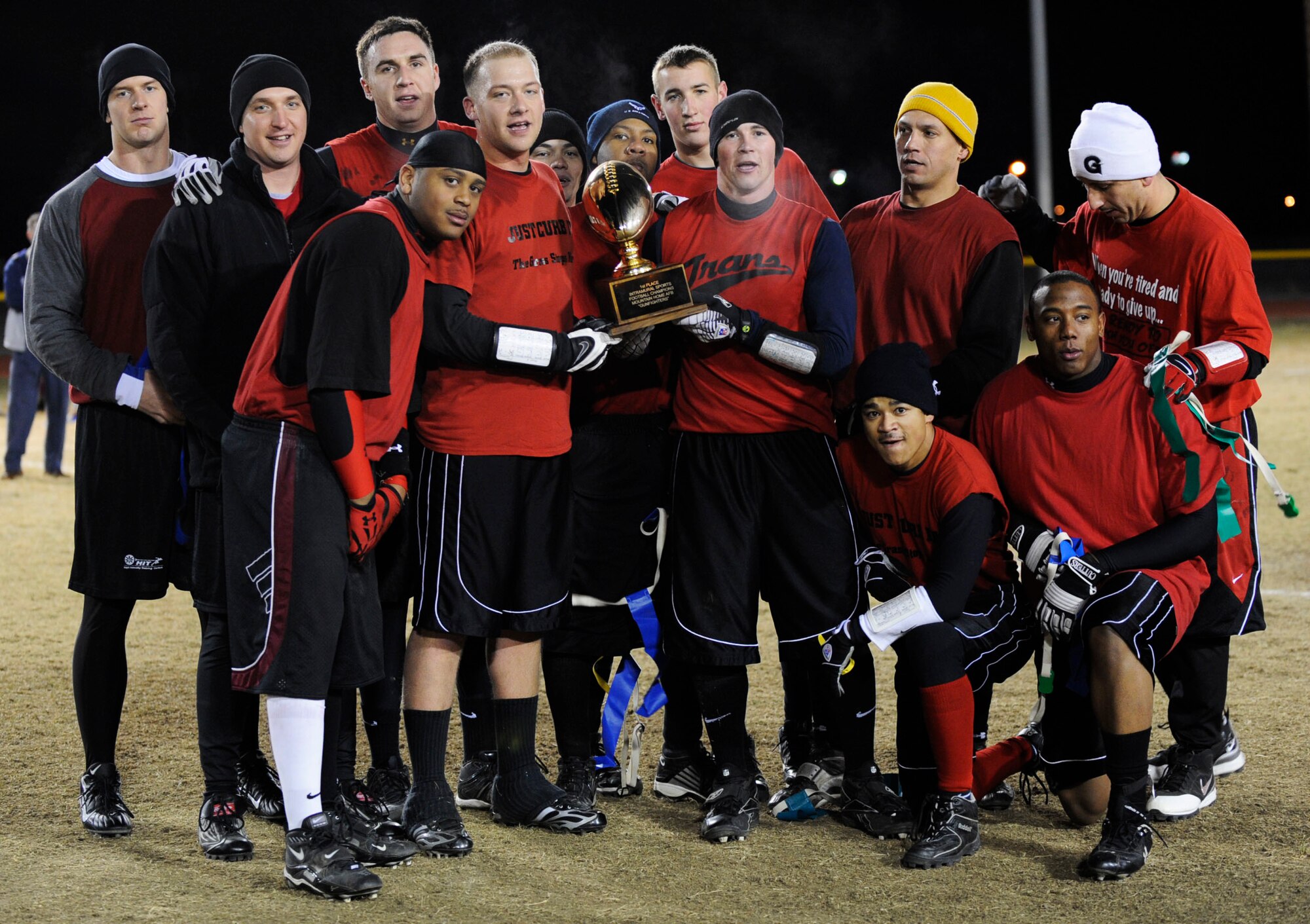 MOUNTAIN HOME AIR FORCE BASE, Idaho -- The 366th Logistics Readiness Squadron flag football team poses for a picture after defeating the 366th Fighter Wing 25-6 Dec. 5. (U.S. Air Force photo/ Airman 1st Class Samantha S. Crane)