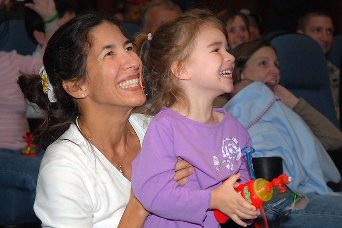 With the new focus points, Gen. Arthur Lichte, Air Mobility Command commander, said the bottom line is, developing and caring for Airmen and families must remain central to the command?s focus. Caroline Czubaj and her daughter, Sierra, react to Cookie Monster's performance during "The Sesame Street Experience" at the base theater Sept. 25. Mrs. Czubaj is the wife and Sierra is the daughter of Lt. Col. "Buddy" Czubaj who recently returned from a deployment with the 14th Airlift Squadron. (U.S. Air Force photo/Airman 1st Class Melissa White)