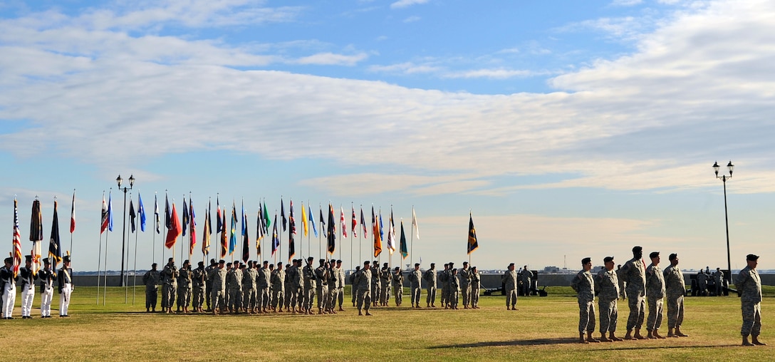 Members of Army Training and Doctrine Command stand in formation at the beginning of the change of command ceremony on Ft. Monroe, Va., Dec. 8, 2008. During the ceremony, Army Gen. Martin Dempsey will receive his fourth star and assume command of TRADOC from Gen. William Scott Wallace, who retired after 39 years of service.