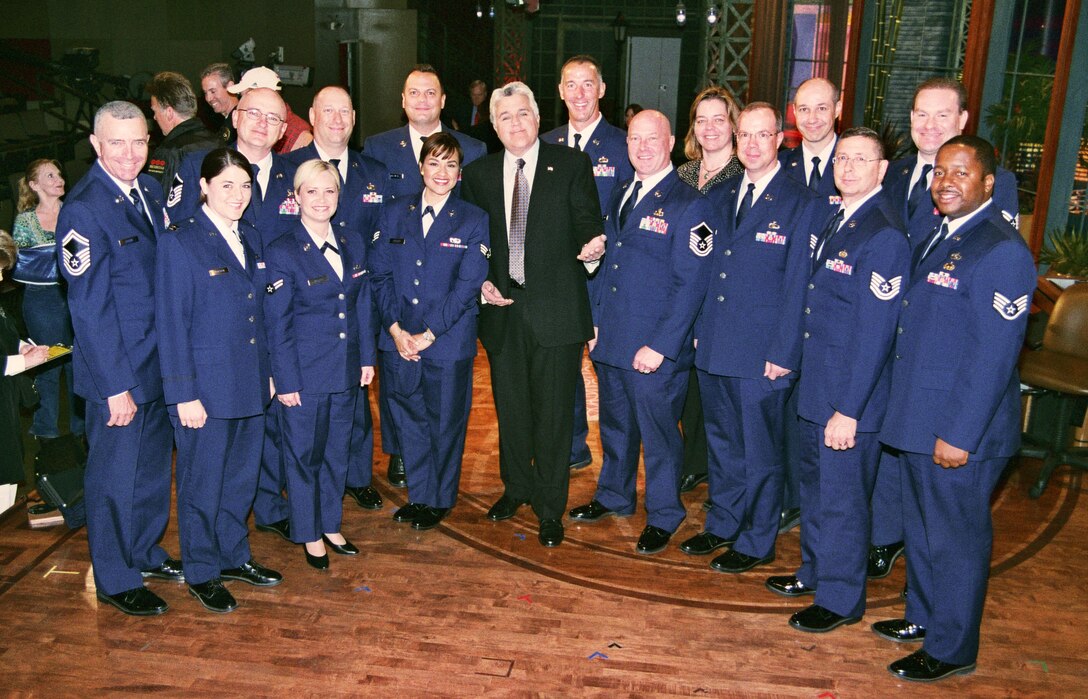 11/18/2008 -- Members of the Band of the Golden West with Jay Leno at NBC Studios during Air Force week in Los Angeles, CA Nov, 2008. (Photo by NBC Staff)