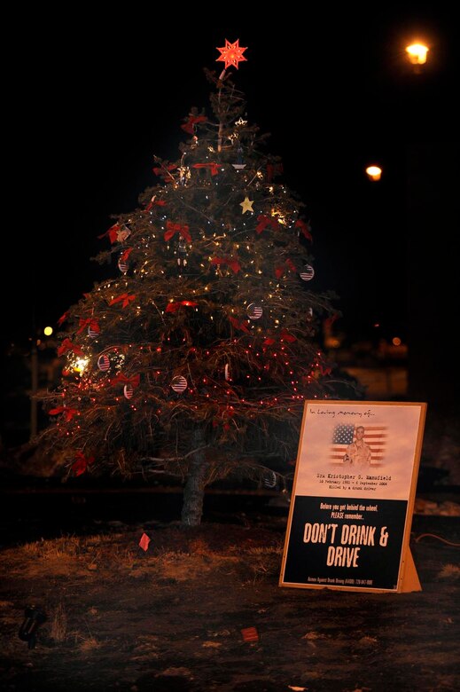BUCKLEY AIR FORCE BASE, Colo. -- The Mansfield tree was lit Dec. 5 in front of the Health and Wellness Center here in memory of the 460th Space Communications Squadron's late Senior Airman Kristopher Mansfield, whose motorcycle was struck by a drunk driver Sept. 4, 2004. Airman Mansfield passed away two days later. The 460th SCS lights the tree in honor of Airman Mansfield every year. (U.S. Air Force photo by Senior Airman Steve Czyz)