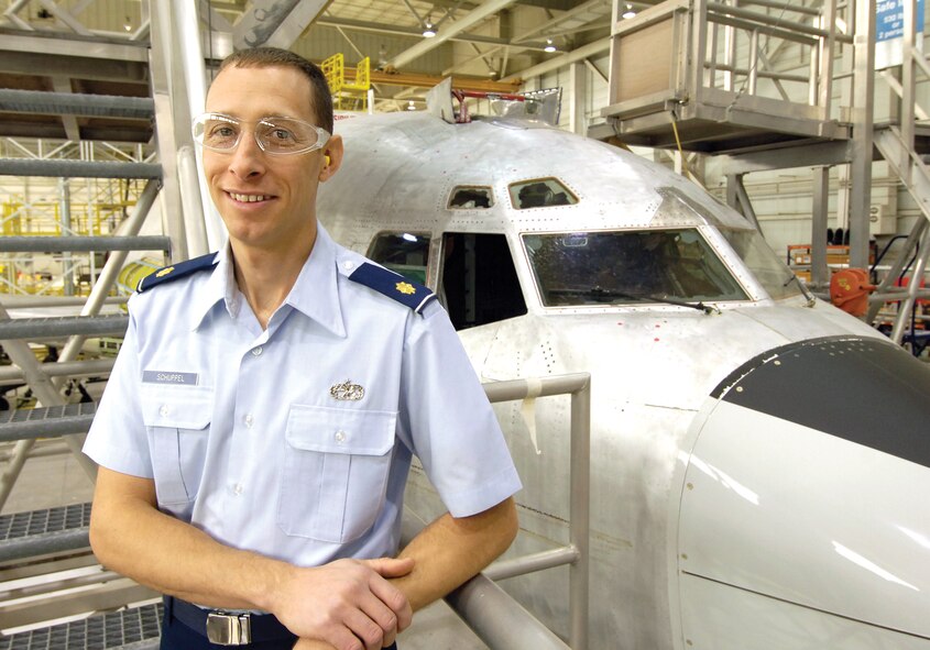 Individual Mobilization Augmentee, Maj. Jonathan Schuppel, is the 566th Aircraft Maintenance Squadron deputy director, ensuring the responsibilities of that role are seamlessly continued while the active duty deputy is deployed. The major handles E-3 Sentry issues and paint and depaint work for all aircraft supported by Tinker.(Air Force photo/Margo Wright) 
