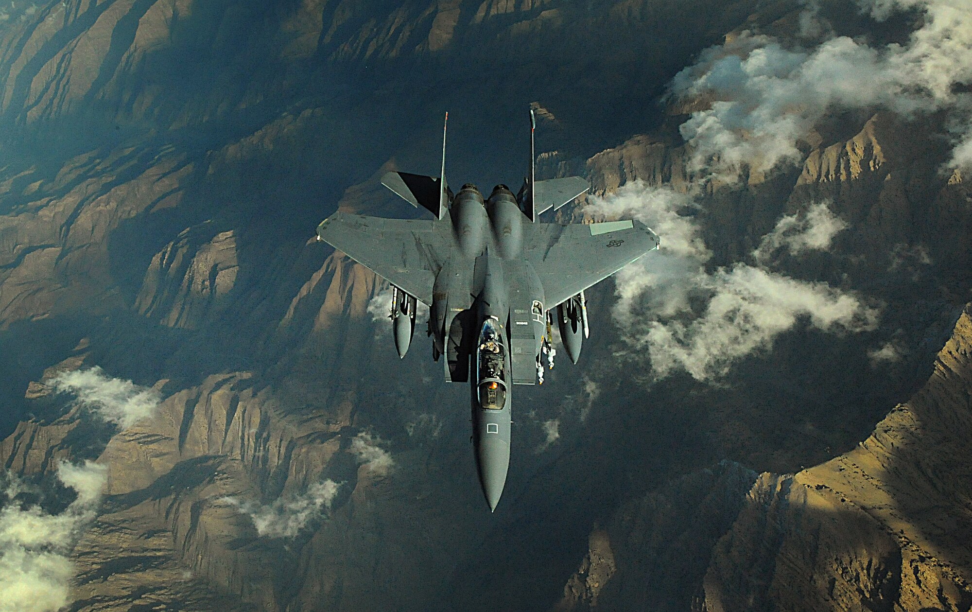 An F-15E Strike Eagle soars over Afghanistan providing close-air support and armed aerial overwatch to deter enemy activities. The Strike Eagle is a dual-role fighter designed to perform air-to-air and air-to-ground missions. (U.S. Air Force photo/Staff Sgt. Aaron Allmon)  