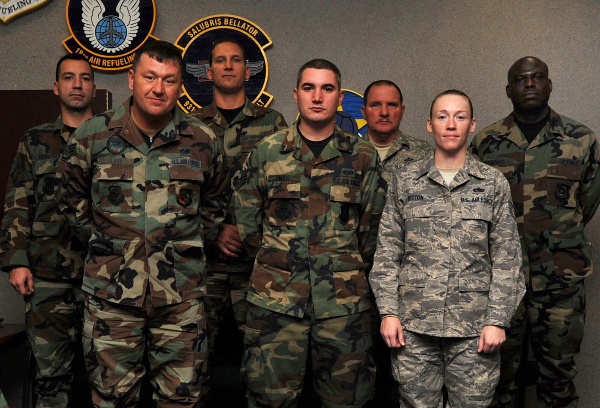 Seven Airmen joined the 931st Air Refueling Group in December: (in front, from left to right) Staff Sgt. Samual Clark, Senior Airman Michael Paolini, Staff Sgt. Suann Becton, Staff Sgt. John Fitzpatrick, Staff Sgt. Chad Marx, Senior Master Sgt. Michael Plante, and Master Sgt. Derick Spruel (U.S. Air Force photo)
