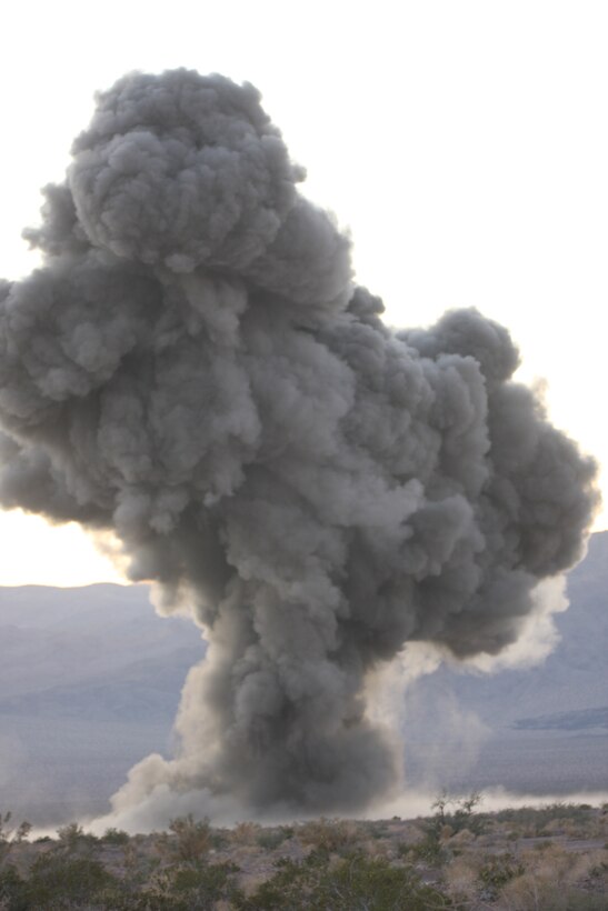 A Mine Clearing Line Charge explodes as 1st Tank Battalion tanks prepare to assault through their objective during a portion of the combined arms exercise known as Steel Knight. The exercise ran from Dec. 6 through 12