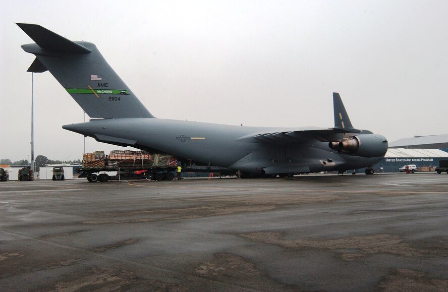 Cargo is loaded on a C-17 Globemaster III at Christchurch International Airport, New Zealand, prior to an Operation Deep Freeze mission to Antarctica Dec. 2. (U.S. Air Force photo/Staff Sgt. Eric Burks)