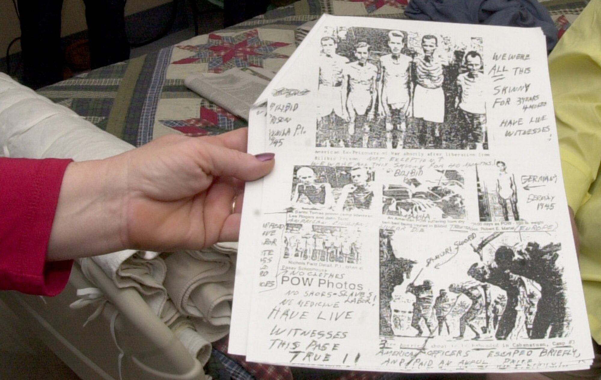 Lyndall Preslar, a Japanese prisoner of war during World War II, used the images above of other POWs to show the extreme physical conditions that he and other POWs endured during captivity. During the Bataan Death March, Mr. Preslar witnessed starvation, executions and torture along the infamous 60-mile march. Despite his horrible experience as a POW, Mr. Preslar showed appreciation in having Goodfellow visitors present to hear his stories. (U.S. Air Force photo by Senior Airman Luis Loza Gutierrez)