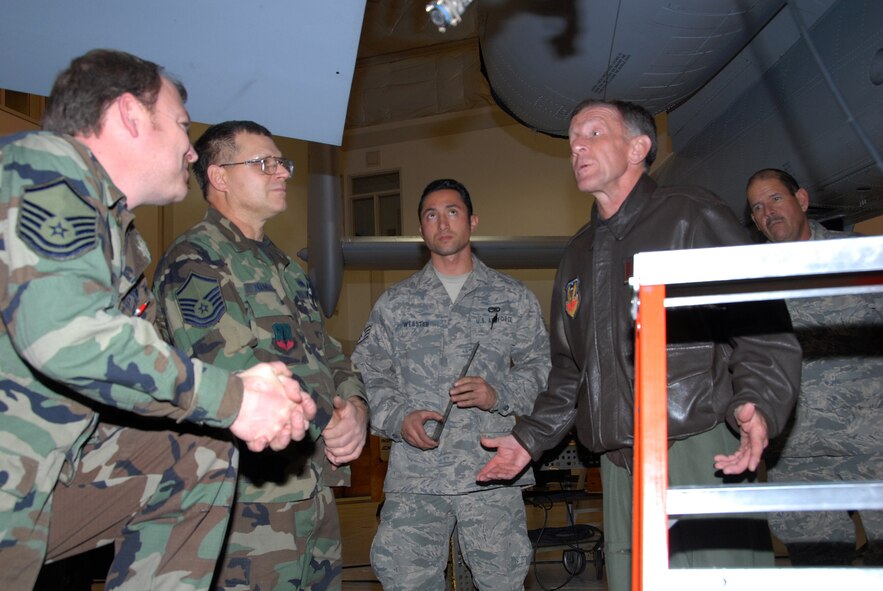 Lt Gen Norman Seip, Commander 12th Air Force, gets a briefing on the modification process of the Idaho Air National Guard's A-10 Thunderbolts. Members of the 124th Maintenance Squadron provide Gen Seip a progress report as each aircraft undergoes modifications and inspections on wings for cracks and other maintenance issues. (Air Force photo by Staff Sergeant Joshua Breckon)