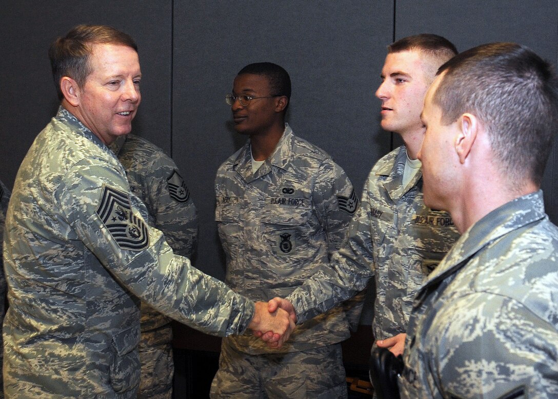Chief Master Sergeant of the Air Force Rodney J. McKinley greets and speaks with the Airmen of the 27th Special Operations Security Forces Squadron during a visit to Cannon Air Force Base, N.M., Dec. 10. (U.S. Air Force photo/Senior Airman Liliana Moreno)