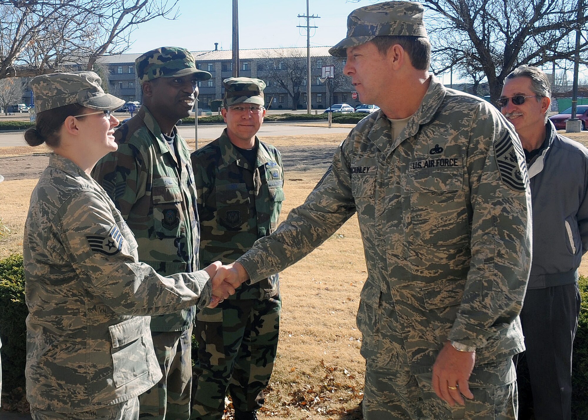 Chief Master Sergeant of the Air Force Rodney J. McKinley meets and greets Airmen at Cannon Air Force Base, N.M., during a visit to the base Dec. 10. (U.S. Air Force photo/Senior Airman Liliana Moreno)