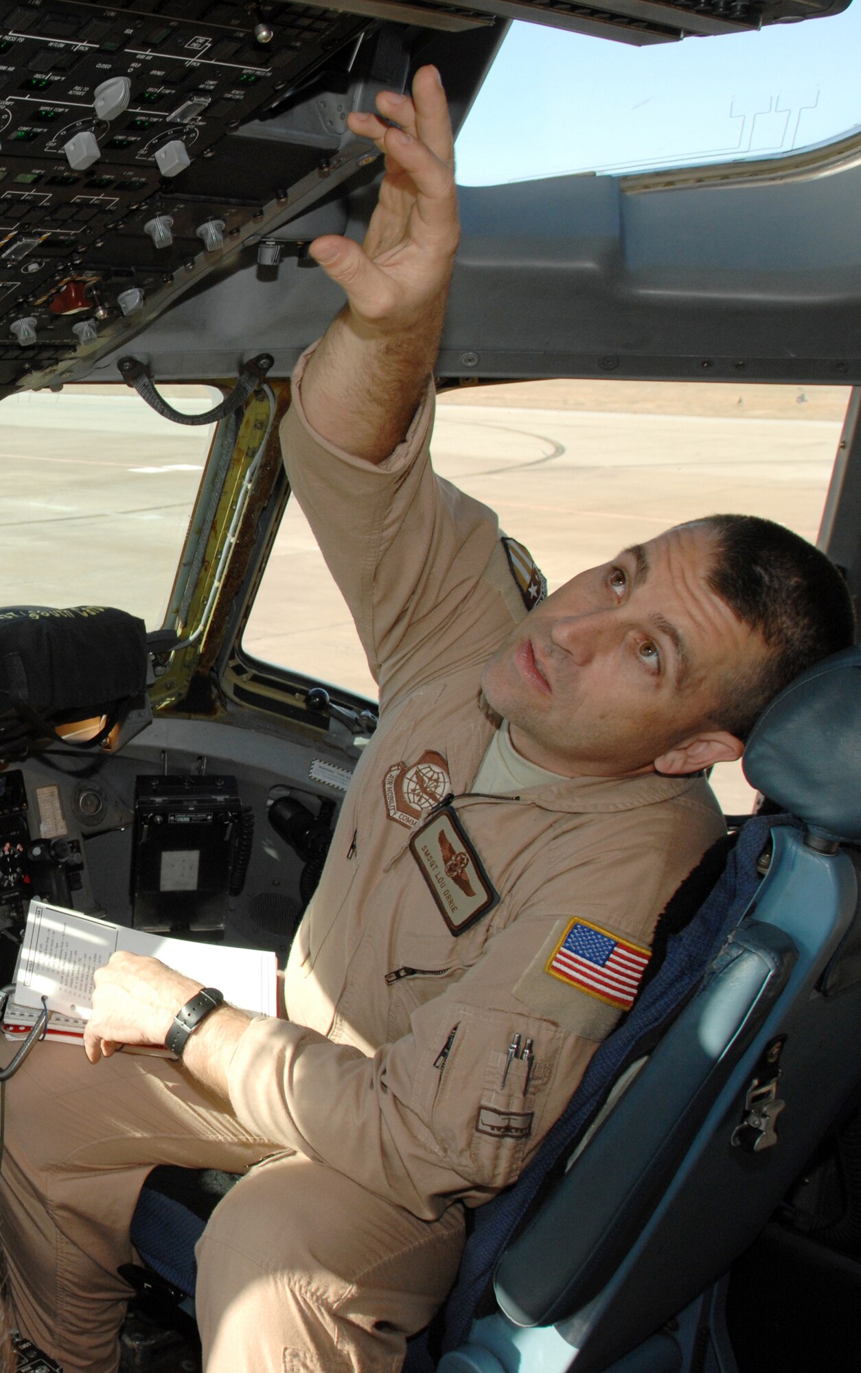 Senior Master Sgt. Orrie performs an interior safety inspection on a C-17 Globemaster Dec. 2 at Incirlik. The evaluation must be done every 17 months to maintain continuity and ensure loadmasters are qualified to carry out their mission. (Air Force photo by Staff Sgt. Jeff Nevison)