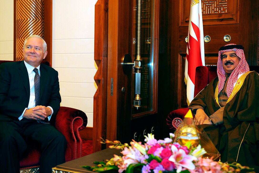 U.S. Defense Secretary Robert M. Gates meets with His Majesty King Hamad bin Isa Al Khalifa at the Safriya Palace in Manama, Bahrain, Dec. 12, 2008. 