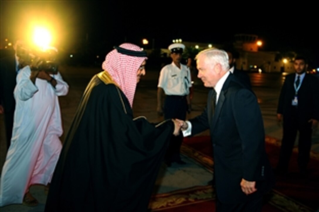 U.S. Defense Secretary Robert M. Gates meets Bahrain's Minister of State for Defense Shaykh Muhammad bin Abdulla al-Khalifa at Manama, Bahrain, Dec. 12, 2008. Gates is in Bahrain to attend the International Institue for Strategic Studies Manama Dialogues.