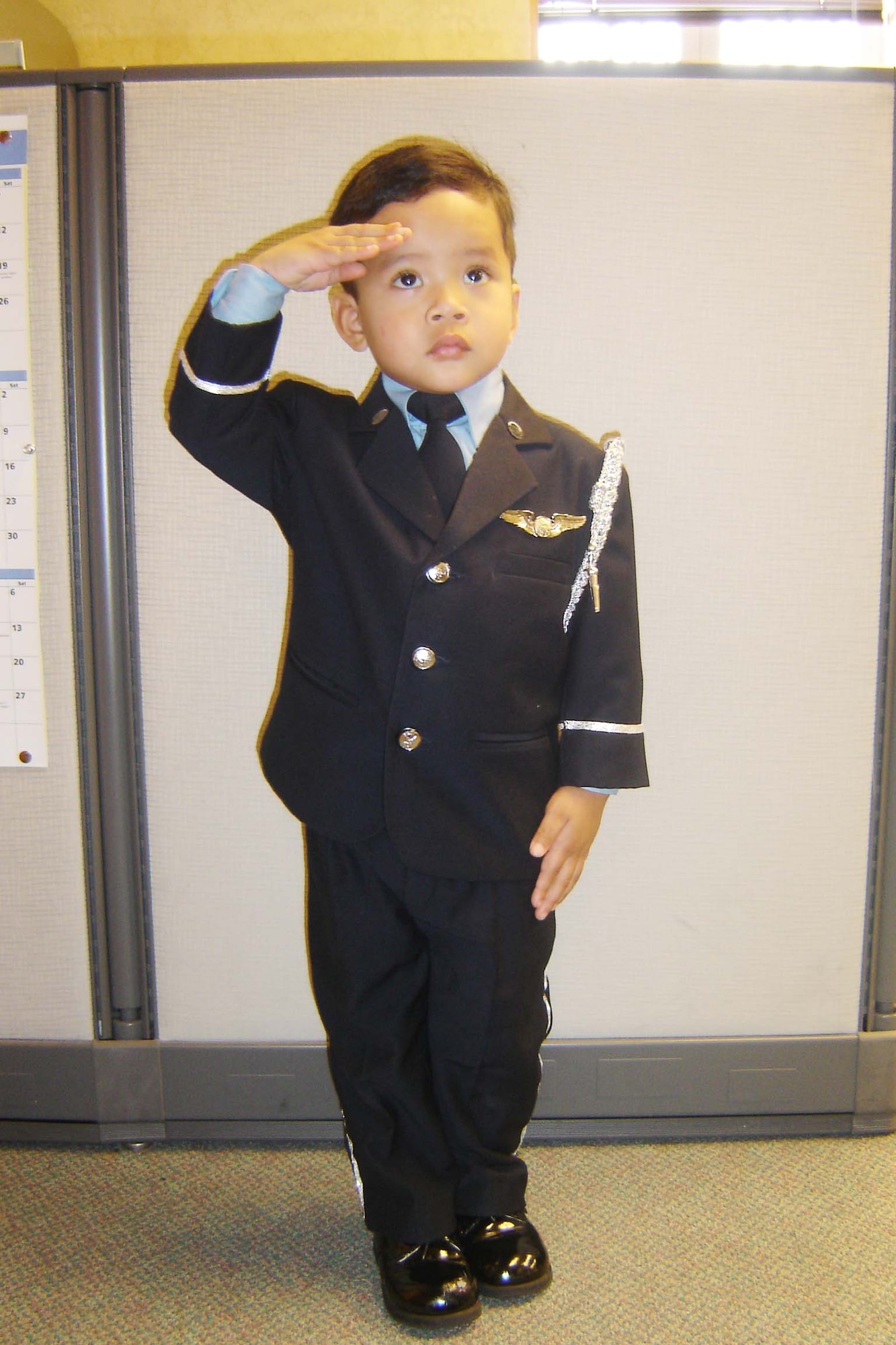 ‘SALUTE!’    Two-year-old Jacob Vo smartly executes commands given by his uncle, Tech. Sgt. Neil Ballecer, a member of the March Field Honor Guard. Jacob became the Honor Guard’s unofficial mascot this year after Sgt. Ballecer observed him standing at attention and imitating the guard’s movements during official functions. “He’d march around the house at home after the events, or he’d see a military commercial and stand and salute. He even memorized the Star Spangled Banner,” said Sgt. Ballecer. “I didn’t teach him a thing; he did it all himself.” So, the next time Sgt. Ballecer took Jacob to an event - the Annual Honor Guard Banquet in September - he dressed him in a mini “Air Force” Honor Guard uniform. “It was hard to match our Honor Guard uniform, but I bought a little blue suit,” said Sgt. Ballecer. “Then I went to a craft supply store, and I got some piping and sewed it on the wrist of the suit and the side of the pants; I sewed on some old buttons, and I gave him my wings. He’d rather wear that suit than diapers.” (U.S. Air Force photo by Will Alexander)