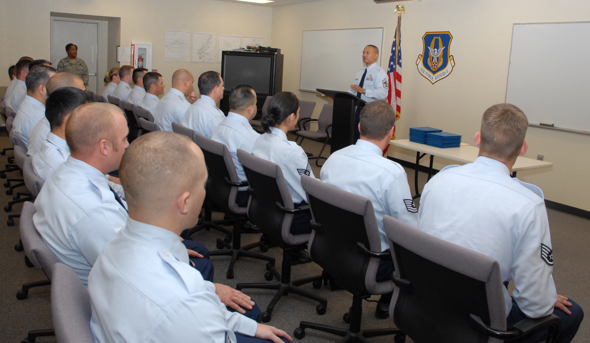 BEALE AIR FORCE BASE, Calif. -- Command Chief of the 940th Air Refueling Wing, Air Force Reservist Jason Henderson addresses Citizen Warriors of the 940th ARW at the Air Force Reserve Noncommissioned Officer Leadership Development Course graduation ceremony here Dec. 12, 2008. The two week course taught 940th NCOs important leadership and communication skills through class room instruction and various role play scenarios. The course was divided into two phases with two parts, a civilian instruction portion and a military facilitator portion. 
(U.S. Air Force Photo/ Master Sgt. Ellen Hatfield)
