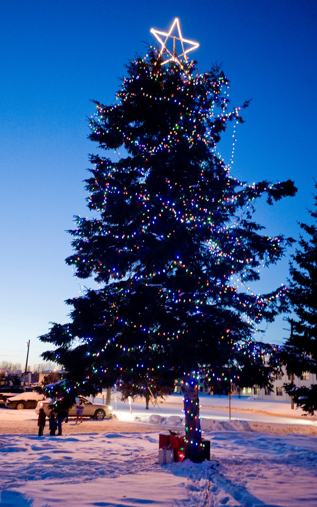 ELMENDORF AIR FORCE BASE, Alaska -- Elmendorf's Christmas tree lights up at the Christmas tree lighting ceremony at Chapel 1 Dec. 11. Several members of Elmendorf's leadership were on hand for the event. (U.S. Air Force photo/Senior Airman Jonathan Steffen)