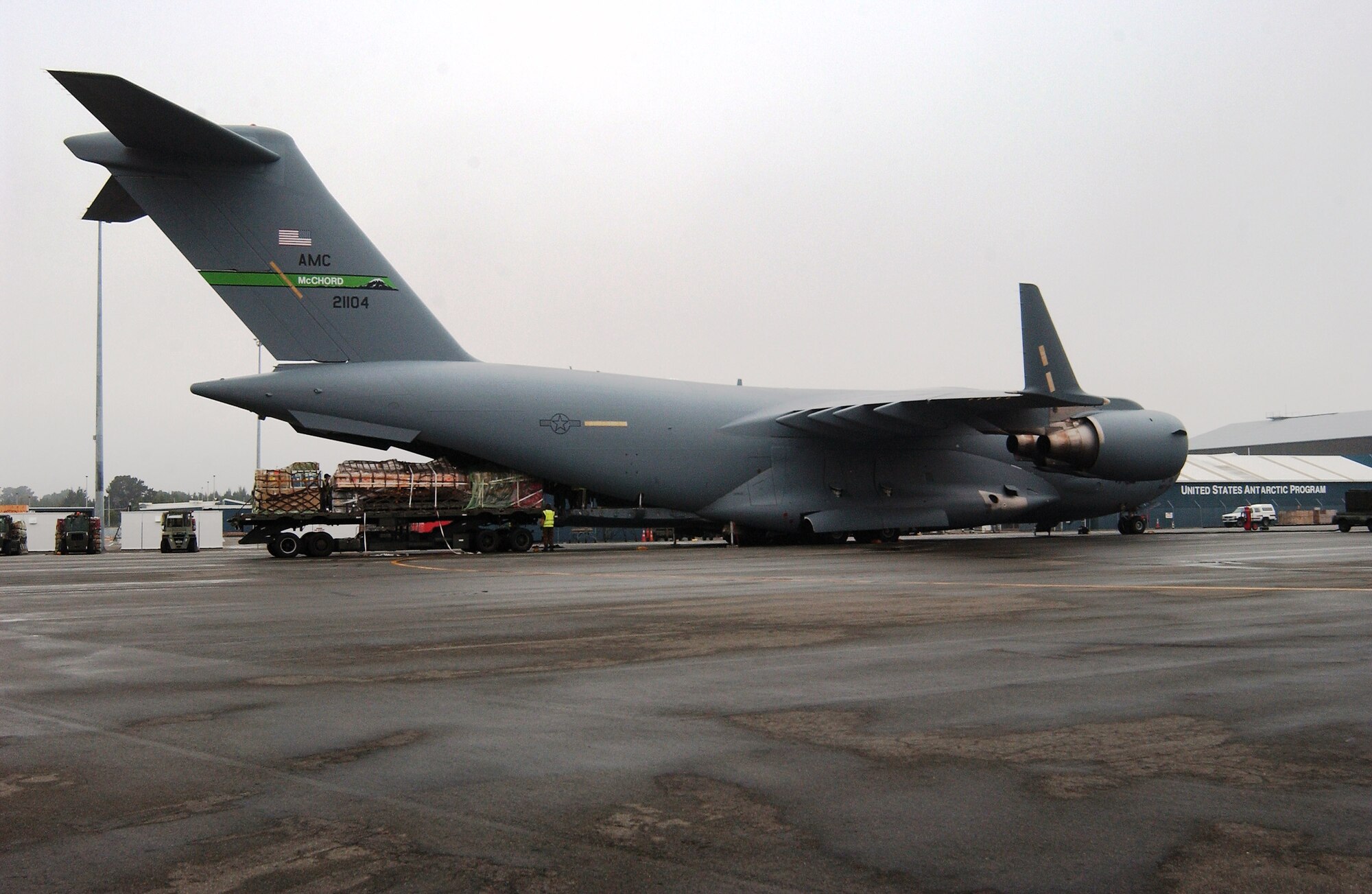 Cargo is loaded on a C-17 Globemaster III at Christchurch International Airport, New Zealand, prior to an Operation Deep Freeze mission to Antarctica Dec. 2. The C-17 is from McChord Air Force Base, Wash.(U.S. Air Force photo/Staff Sgt. Eric Burks) 

