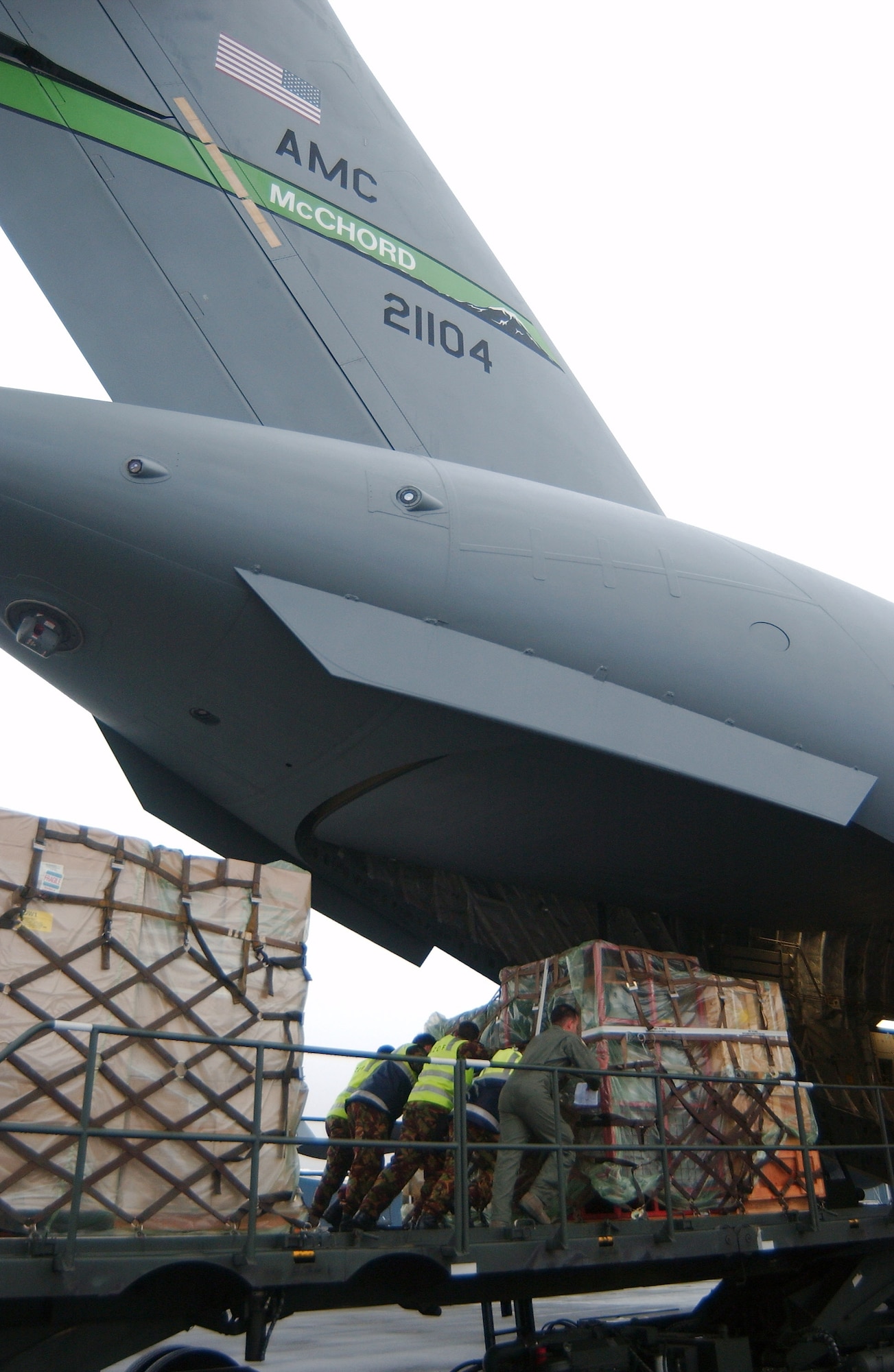 Airmen and members of the New Zealand Defence Force load cargo prior to a Dec. 2 Operation Deep Freeze mission from Christchurch, New Zealand, to Antarctica. The Airmen and the C-17 Globemaster III are from McChord Air Force Base, Wash. (U.S. Air Force photo/Staff Sgt. Eric Burks) 

