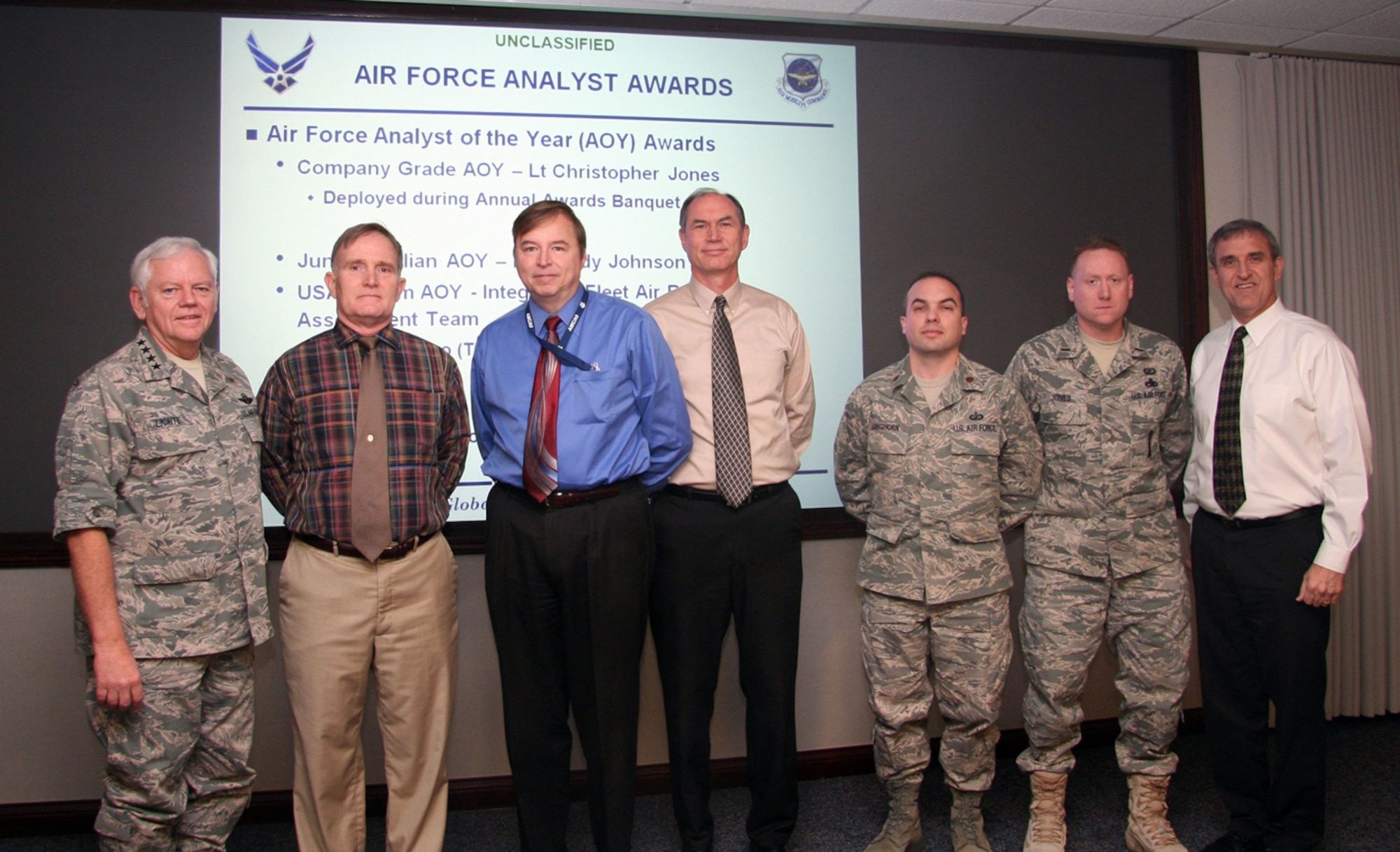 Gen. Arthur J. Lichte, Commander, Air Mobility Command (far left), is shown here with members of AMC's award-winning Directorate of Analyses, Assessments, and Lessons Learned (AMC/A9).  From left to right are:  General Lichte, Randy Johnson, Pete Szabo, Jim Donovan, Maj. Dave Longhorn, 1st Lt. Chris Jones, and Dave Merrill, AMC/A9 director.  The AMC Analyses, Assessments, and Lessons Learned directorate recently captured three of five Air Force Analyst of the Year awards.