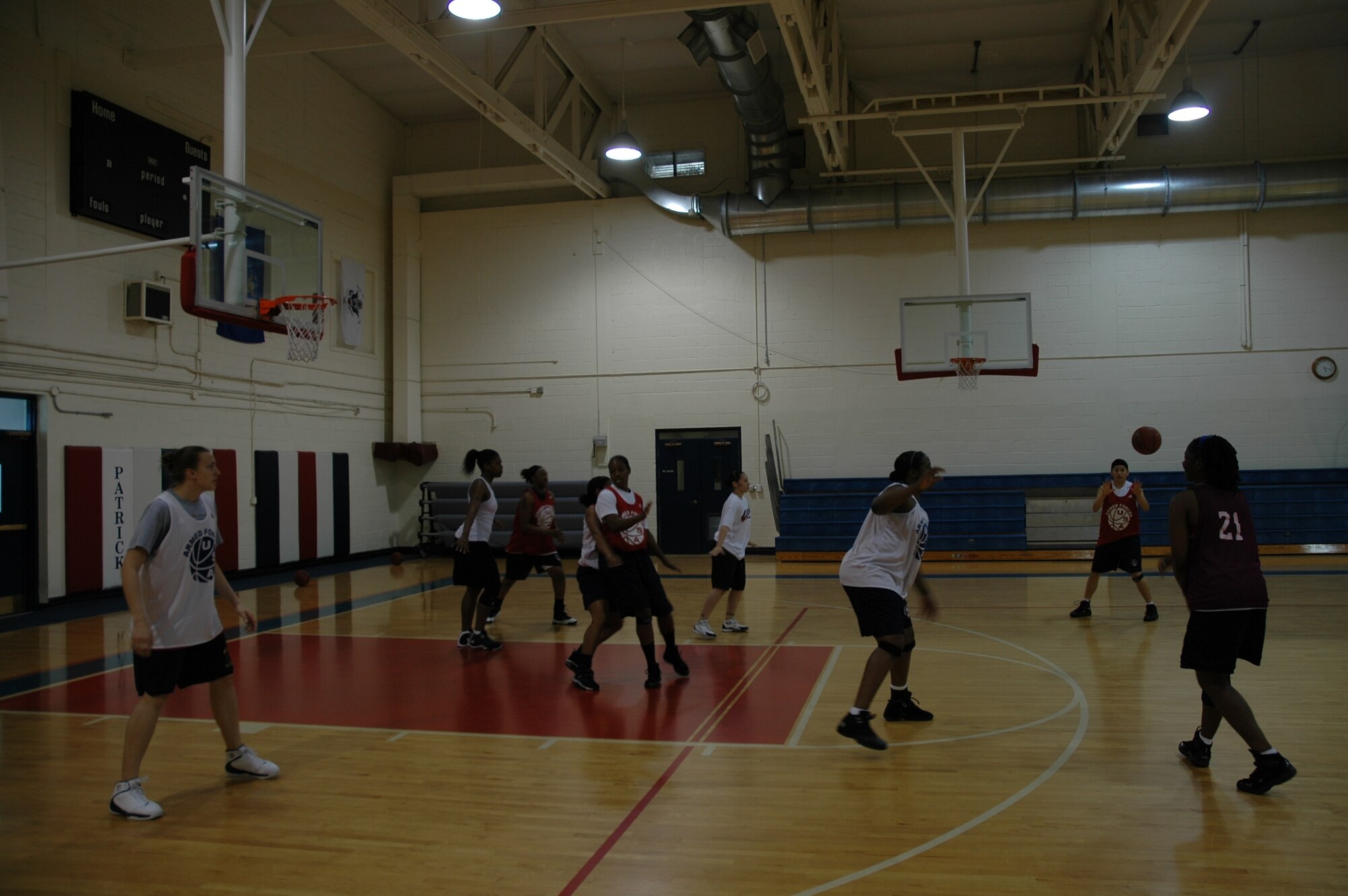 The All-Armed Forces Women's Basketball team practices May 9 at the Patrick Fitness Center. (U.S. Air Force photo by Airman 1st Class David Dobrydney