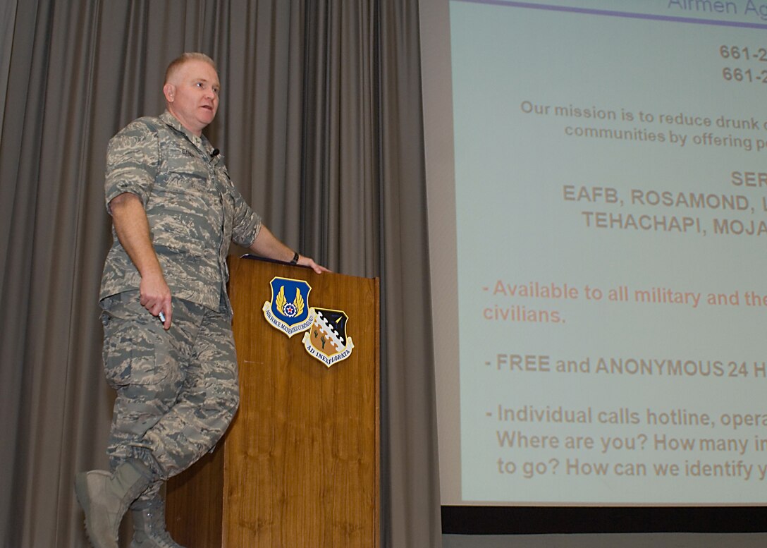 Col. Jerry Gandy, 95th Air Base Wing commander, talks to Wing personnel during his commander's call Dec. 11 at the base theater. Colonel Gandy talked to Wing personnel regarding holiday safety and driving under the influence. (Air Force photo by Michael Yncera)