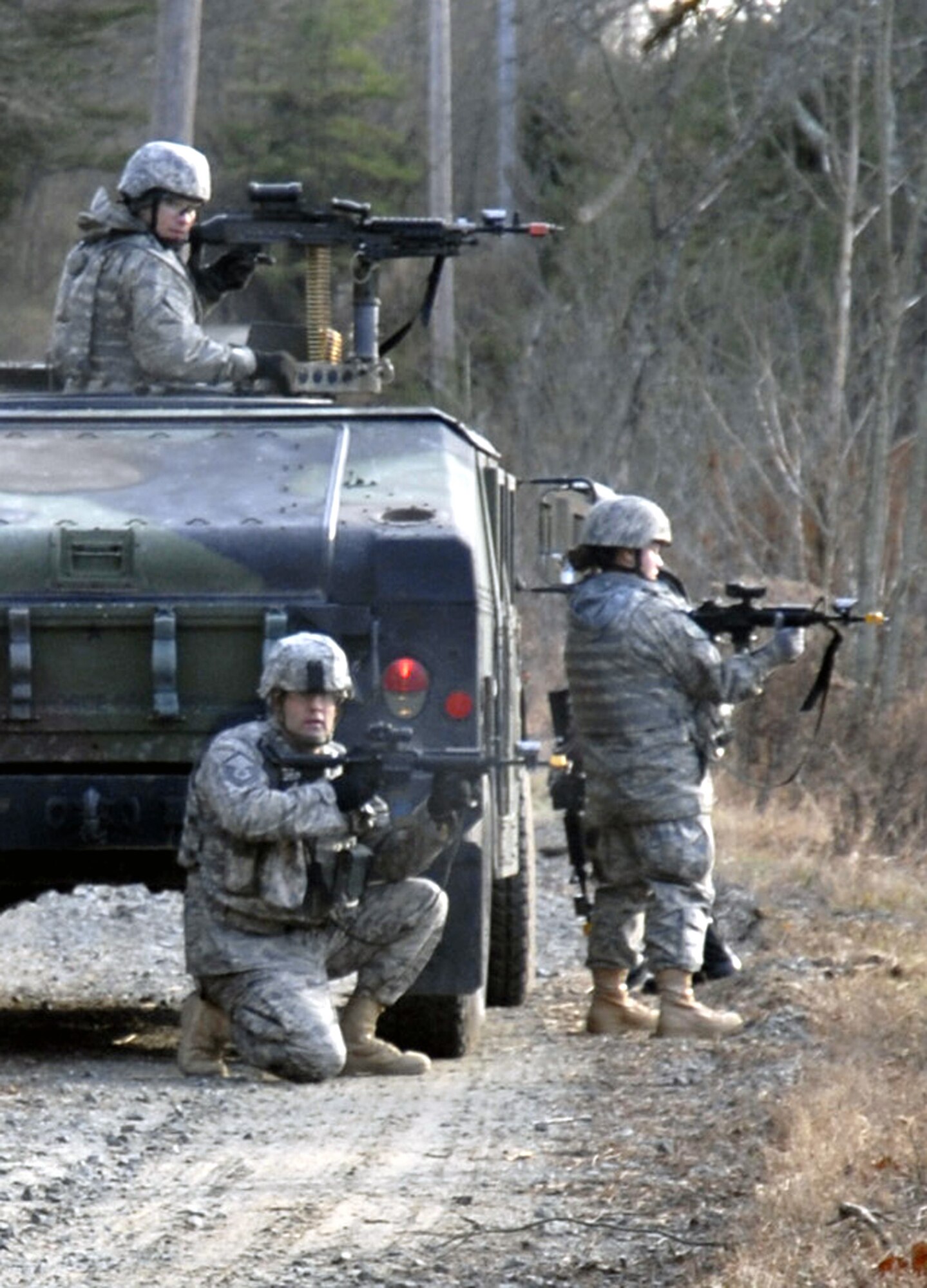 Students in the U.S. Air Force Expeditionary Center's Phoenix Warrior Training Course participate in a scenario for convoy operations training in the course Dec. 5, 2008, on a Fort Dix, N.J., range.  The course is taught by the Center's 421st Combat Training Squadron and prepares security forces Airmen for upcoming deployments. (U.S. Air Force Photo/Staff Sgt. Paul R. Evans)