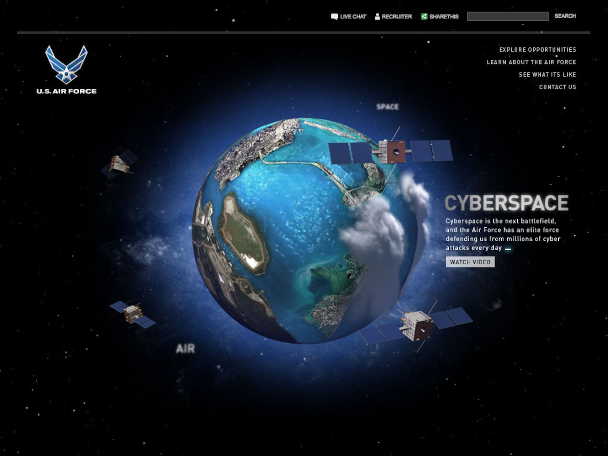 Incorporating the latest Internet technologies, Air Force Recruiting Service launches its redesigned Web site today at www.airforce.com, offering potential recruits and the public insight into the contributions by young men and women who play a significant role in its warfighting dominance in the air, space and cyberspace. (U.S. Air Force graphic)