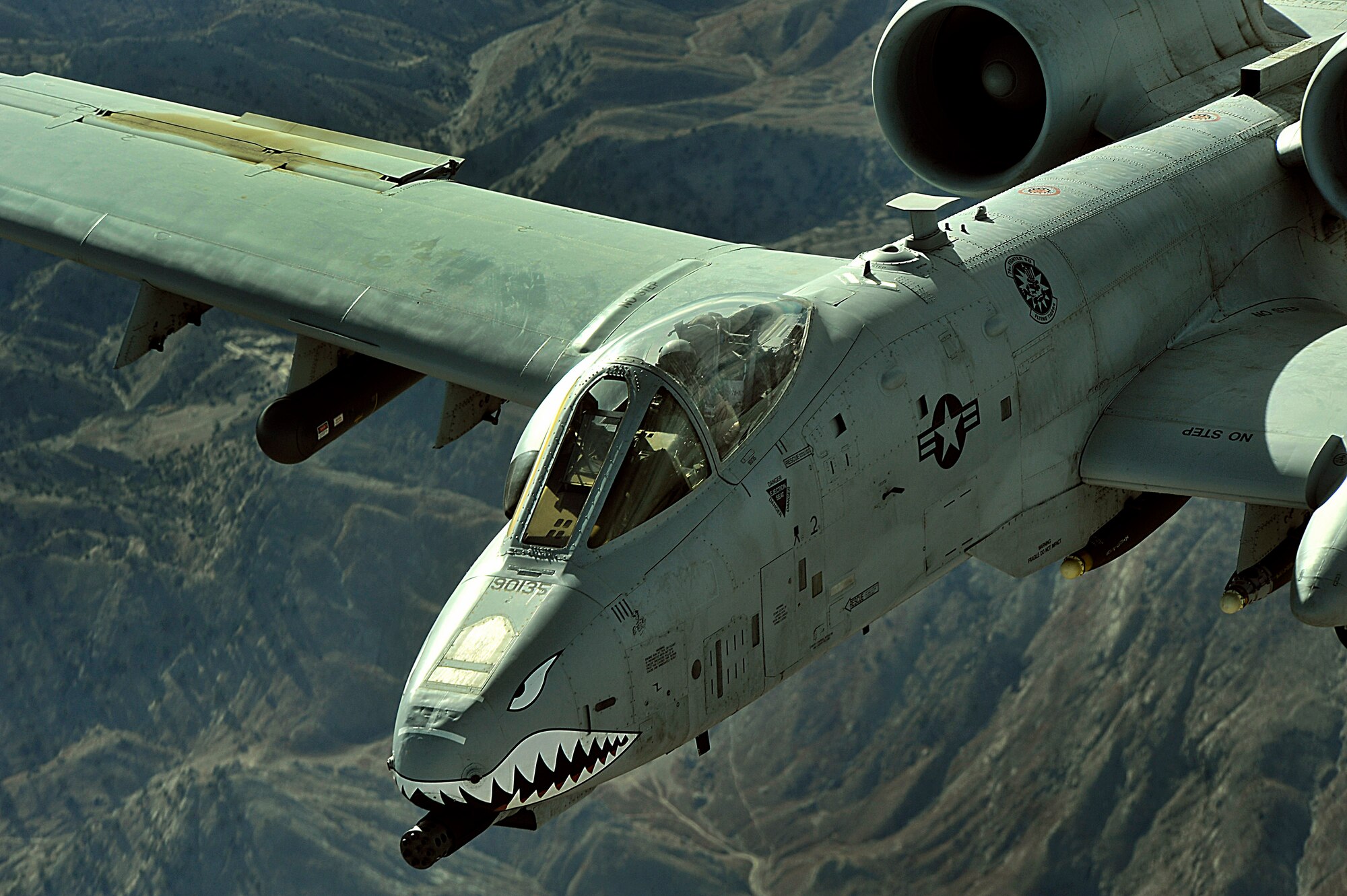 An A-10 Thunderbolt II flies a combat support mission over Afghanistan in support of Operation Enduring Freedom recently. A-10s conduct shows of force to deter enemy activities and provide armed aerial overwatch. (U.S. Air Force photo/Staff Sgt. Aaron Allmon)  