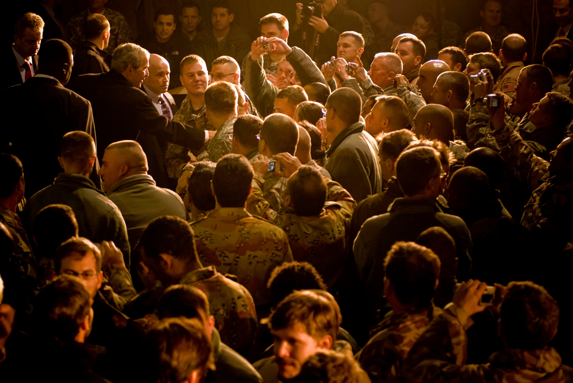 President George W. Bush shakes hands with troops gathered Dec. 15 at Bagram Airfield, Afghanistan. (U.S. Air Force photo/Staff Sgt. Samuel Morse)
